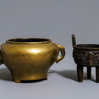 Two Chinese bronze tripod incense burners, 17/18th C.