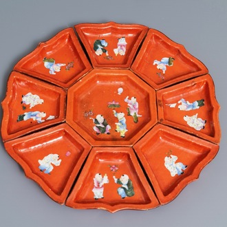 A Chinese famille rose coral red-ground sweetmeat set, Qianlong mark, 19/20th C.