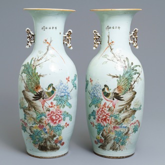 A pair of Chinese qianjiang cai vases with peacocks and flowers, 19/20th C.