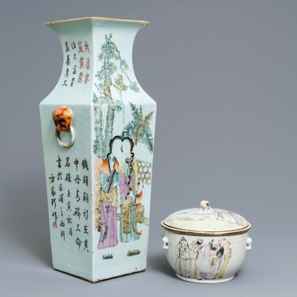 Un vase de forme carré et une terrine couverte en porcelaine de Chine qianjiang cai, 19/20ème
