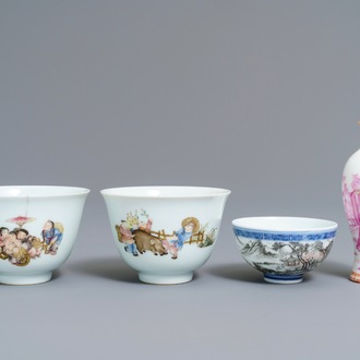 Four Chinese famille rose and grisaille eggshell wares, 20th C.