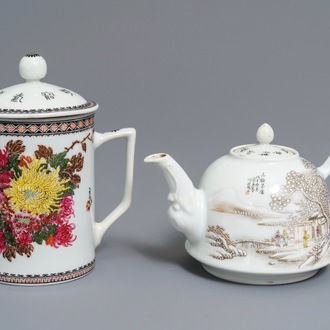 A Chinese polychrome 'winter landscape' teapot and a covered mug, 20th C.