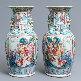 A pair of Chinese famille rose court scene vases, 19th C.