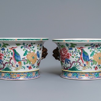 A pair of famille rose-style jardinières with birds among flowers, Samson, Paris, 19th C.