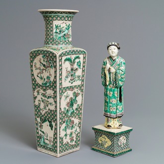 A Chinese verte biscuit figure on stand and a square vase, Kangxi and later