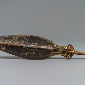 A Chinese gold and silver-inlaid bronze spear point, Warring States period (475-221 b.C.)
