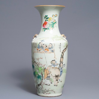 A Chinese qianjiang cai vase with figures near an ox, Ma Qingyun, 19/20th C.
