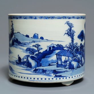 A large Chinese blue and white tripod censer with figures in a landscape, Kangxi