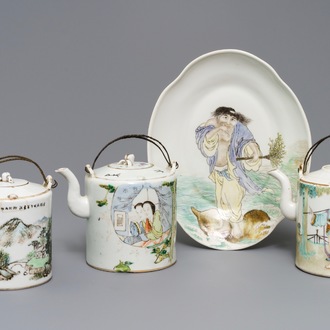 Three Chinese qianjiang cai teapots and an oval dish, 19/20th C.