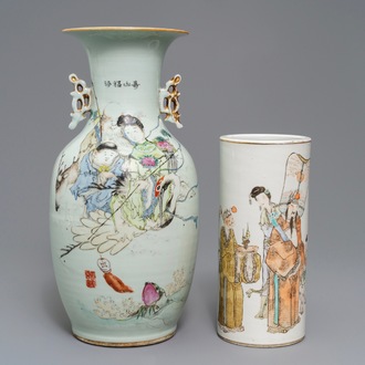 A Chinese qianjiang cai vase and a round hat stand, 19/20th C.