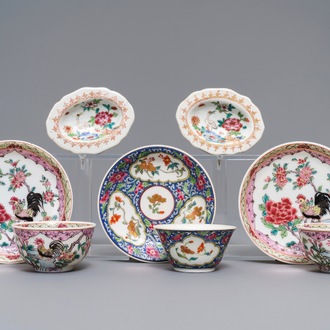 Three Chinese famille rose cups and saucers and a pair of salts, Qianlong and later