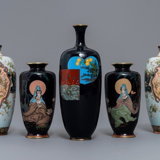 Vijf Japanse cloisonné vazen, Meiji, 19e eeuw