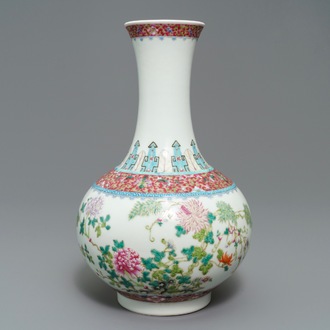 A Chinese famille rose tianqiu ping floral design vase, Hongxian mark, Republic, 20th C.