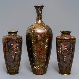 Three Japanese cloisonné vases, Meiji, 19th C.