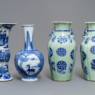 Four Chinese celadon-ground and blue and white vases, 19/20th C.