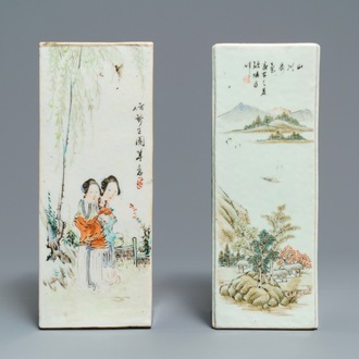 Deux portes-chapeau de forme carré en porcelaine de Chine qianjiang cai, 19/20ème