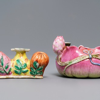 A Chinese famille rose flower-shaped brush washer and a brush rest, 19th C.