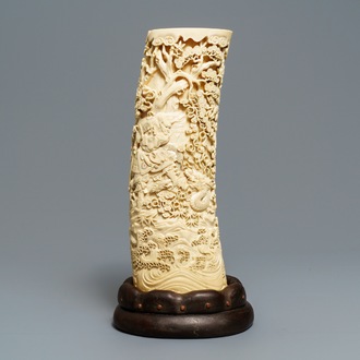 A large Japanese carved ivory brush pot, Meiji, 19th C.