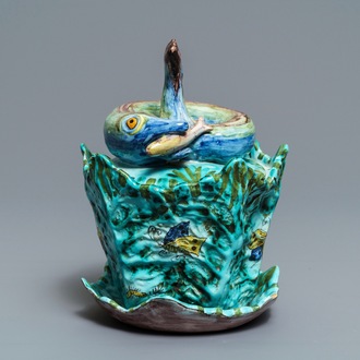 A Brussels faience eel tureen on stand with butterflies and caterpillars, late 18th C.