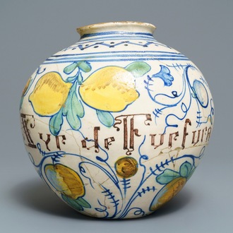 A large Italian maiolica 'vaso a palla' type drug jar, Venice, 17th C.