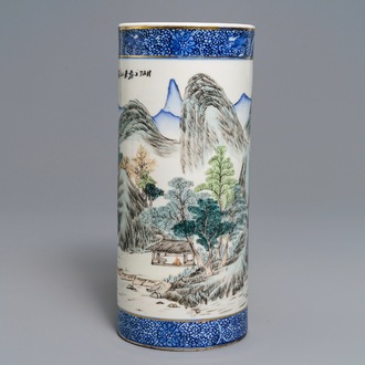 A cylindrical Chinese qianjiang cai hat stand, signed Wang Youtang, 20th C.