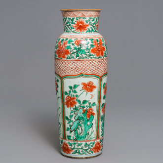 A tall Chinese wucai rouleau vase, Transitional period or Kangxi
