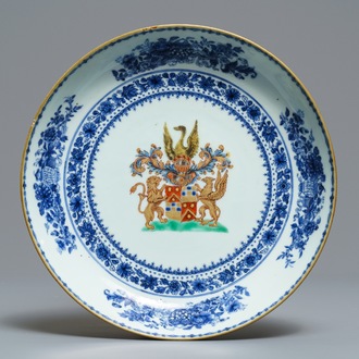 A Chinese blue, white and polychrome armorial plate for the Dutch market, Qianlong