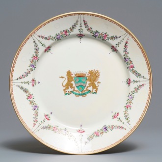 A famille rose-style armorial dish with the arms of Empain, Samson, Paris, 19th C.