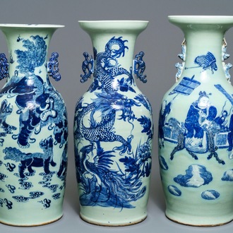 Drie Chinese vazen met blauwwit decor op celadon fondkleur, 19e eeuw