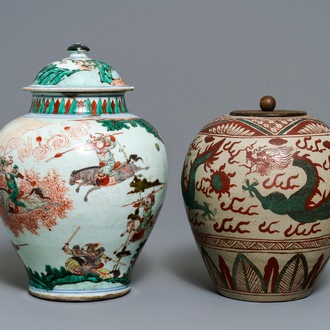 A Chinese famille verte vase and a Swatow jar, Transitional period and 19th C.