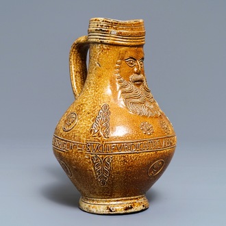 A fine German stoneware Bellarmine jug with text and portrait medallions, Frechen, ca. 1580