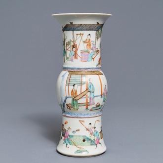 A Chinese famille rose 'rice production' vase, Kangxi mark, 19th C.