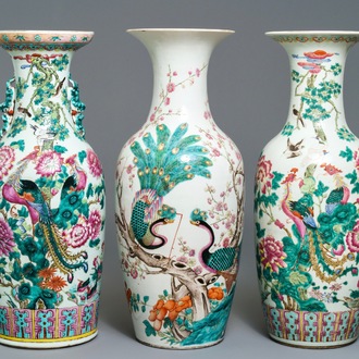 Three Chinese famille rose 'birds and flowers' vases, 19th C.