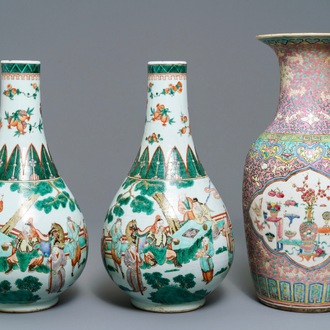 A pair of Chinese famille verte vases and a pink-ground famille rose vase, 19th C.