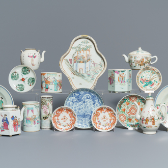 A collection of Chinese teapots, brush pots and plates, 19/20th C.