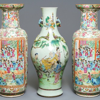 Three Chinese Canton famille rose vases, 19th C.