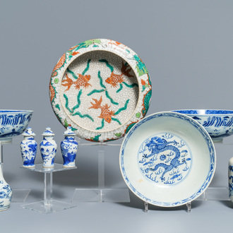 A varied collection of Chinese blue and white and famille verte porcelain, 19th C.