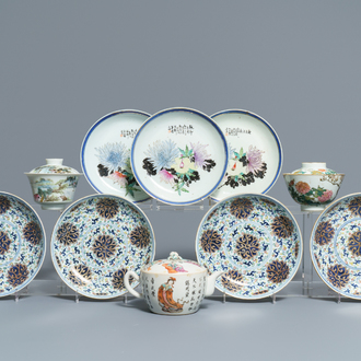 Seven Chinese famille rose and doucai plates, two covered bowls and a 'Wu Shuang Pu' teapot, 19/20th C.