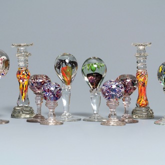 Ten glass paperweights and candlesticks, France, 18/19th C.