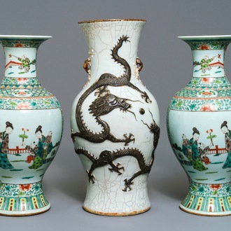 A pair of Chinese famille verte vases and a Nanking 'dragon' vase, 19th C.