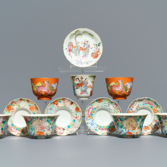 Five sets of Chinese famille rose cups and saucers and a pair of cups with horses, 19/20th C.