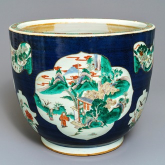 A Chinese blue-ground famille verte fishbowl, 19th C.