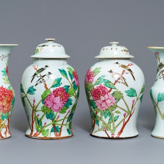 Four Chinese qianjiang cai vases with birds and flowers, 19/20th C.