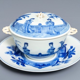 A Chinese blue and white 'Long Eliza' covered bowl on stand, Chenghua mark, Kangxi