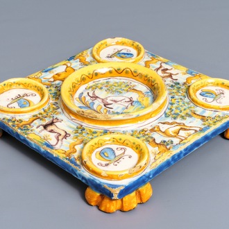 A polychrome Spanish pottery condiment tray, Talavera, 18th C.