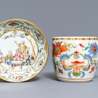 A Chinese famille rose 'Pompadour' mustard jar and a Pronk 'Doctor's visit' saucer, Qianlong