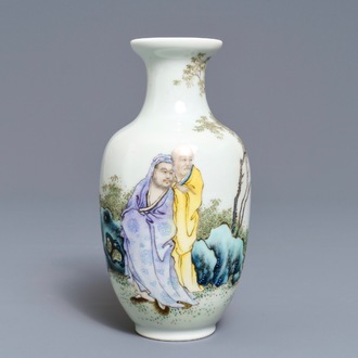 A fine fencai vase with figures in a landscape, Qianlong mark, Republic, 20th C.