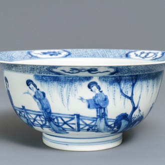 Een Chinese blauwwitte klapmutskom, Chenghua merk, Kangxi