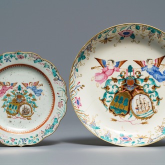 Two Chinese famille rose Dutch market armorial plates, arms of Rijzik and Schippers accolé, Qianlong