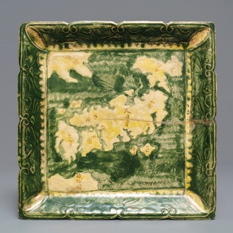 A Japanese green and yellow-glazed square 'Gennai' dish with the map of Japan, Meiji, 19th C.